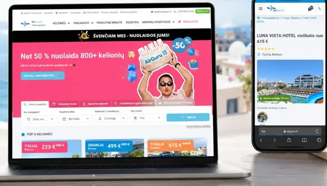 AirGuru.lt kelionių svetainė kompiuteryje ir telefone