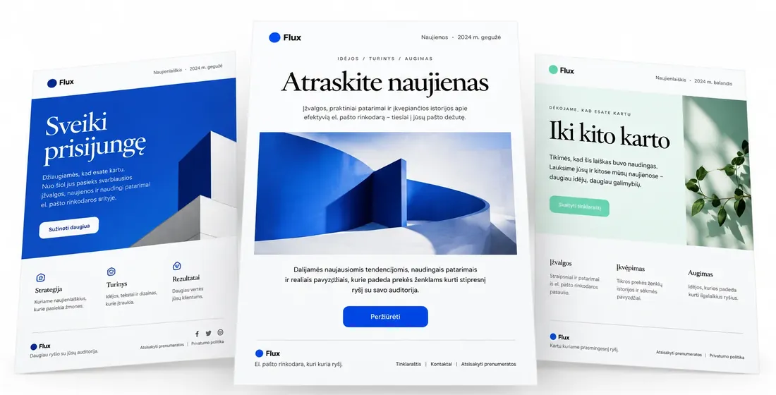 Pasveikinimo, naujienų ir ryšio palaikymo laiškų dizaino koncepcijos