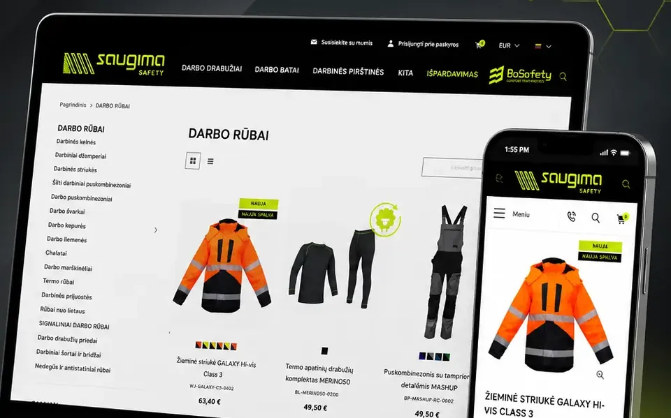 Saugima.com darbo drabužių el. parduotuvė kompiuteryje ir telefone