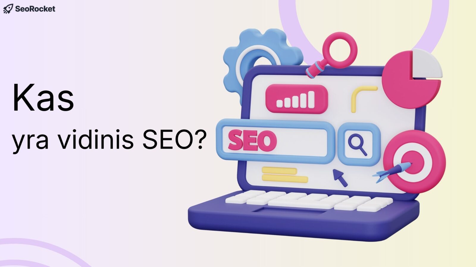 Nešiojamas kompiuteris su SEO paieškos laukeliu, analizės grafikais, taikiniu ir optimizavimo simboliais, vaizduojančiais svetainės vidinį optimizavimą