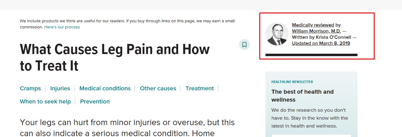 Straipsnio puslapio ištrauka su antrašte What Causes Leg Pain and How to Treat It bei autoriaus ir medicininio peržiūrėtojo informacija dešinėje pusėje. Parodyta, kad turinį mediciniškai peržiūrėjo gydytojas, nurodytas autorius ir atnaujinimo data, pabrėžiant straipsnio patikimumą ir E E A T principus.