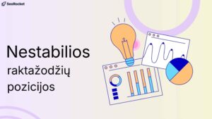 Iliustracija su tekstu Nestabilios raktažodžių pozicijos ir analitikos grafikais, įskaitant stulpelinę, linijinę ir skritulinę diagramas bei lemputės ikoną. Vaizdas perteikia raktažodžių pozicijų svyravimus paieškos sistemose ir SEO analizės svarbą siekiant stabilaus matomumo.