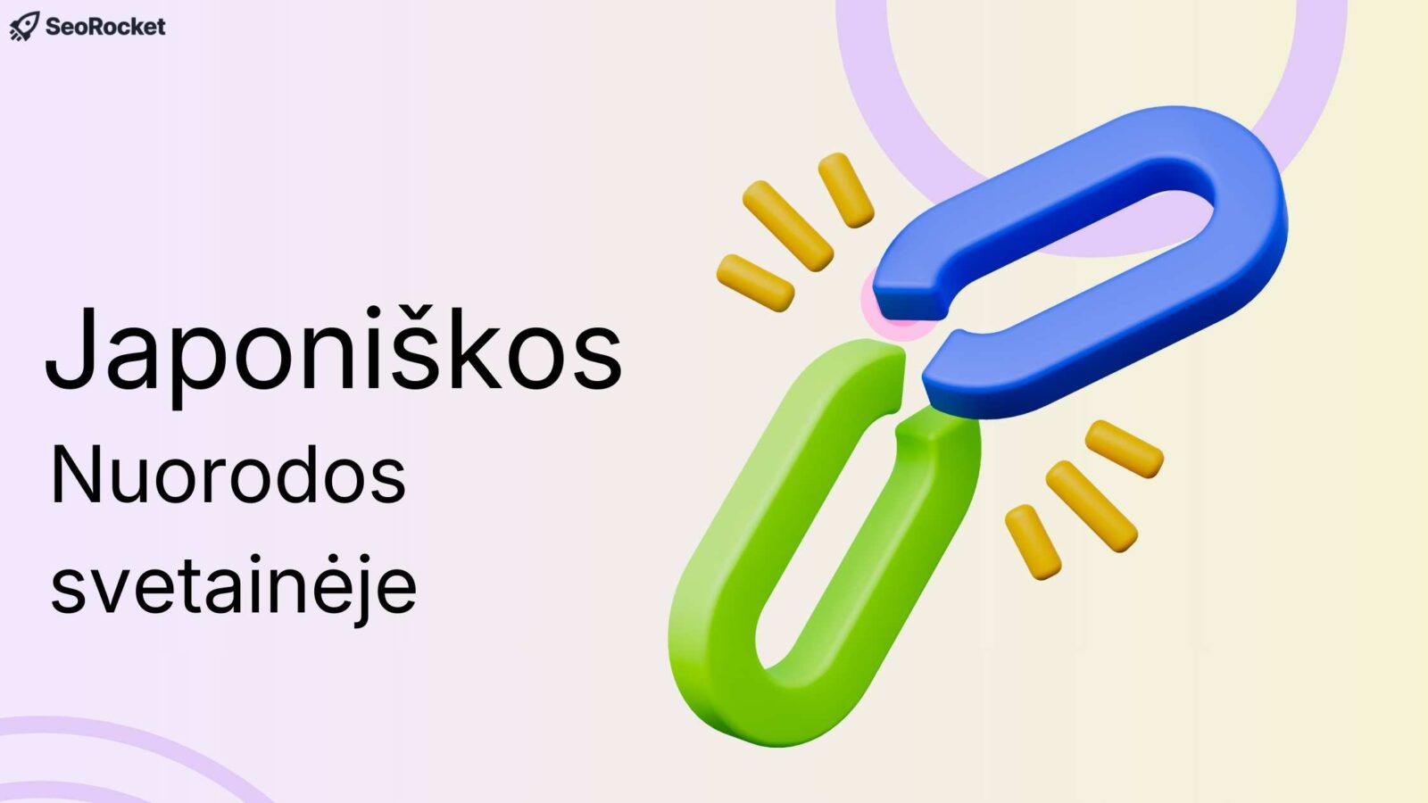 Iliustracija su tekstu Japoniškos nuorodos svetainėje ir dviem susijungiančiomis grandies formomis mėlynos ir žalios spalvos. Šalia matomi geltoni akcentai, pabrėžiantys susijungimą, o vaizdas simbolizuoja japoniškas nuorodas ir vidinį ar išorinį susiejimą svetainėje.