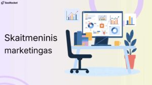 Iliustracija su tekstu Skaitmeninis marketingas ir darbo stalu su kompiuterio ekranu, kuriame matomos įvairios diagramos ir analitikos grafikai. Vaizdas perteikia skaitmeninio marketingo procesus, duomenų analizę ir kampanijų rezultatų stebėjimą.