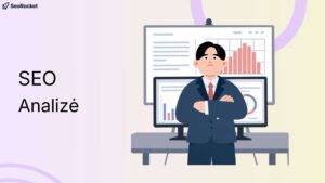Verslininkas sukryžiavęs rankas stovi priešais kompiuterių ekranus su grafikais ir diagramomis, vaizduojančiomis SEO analizę.