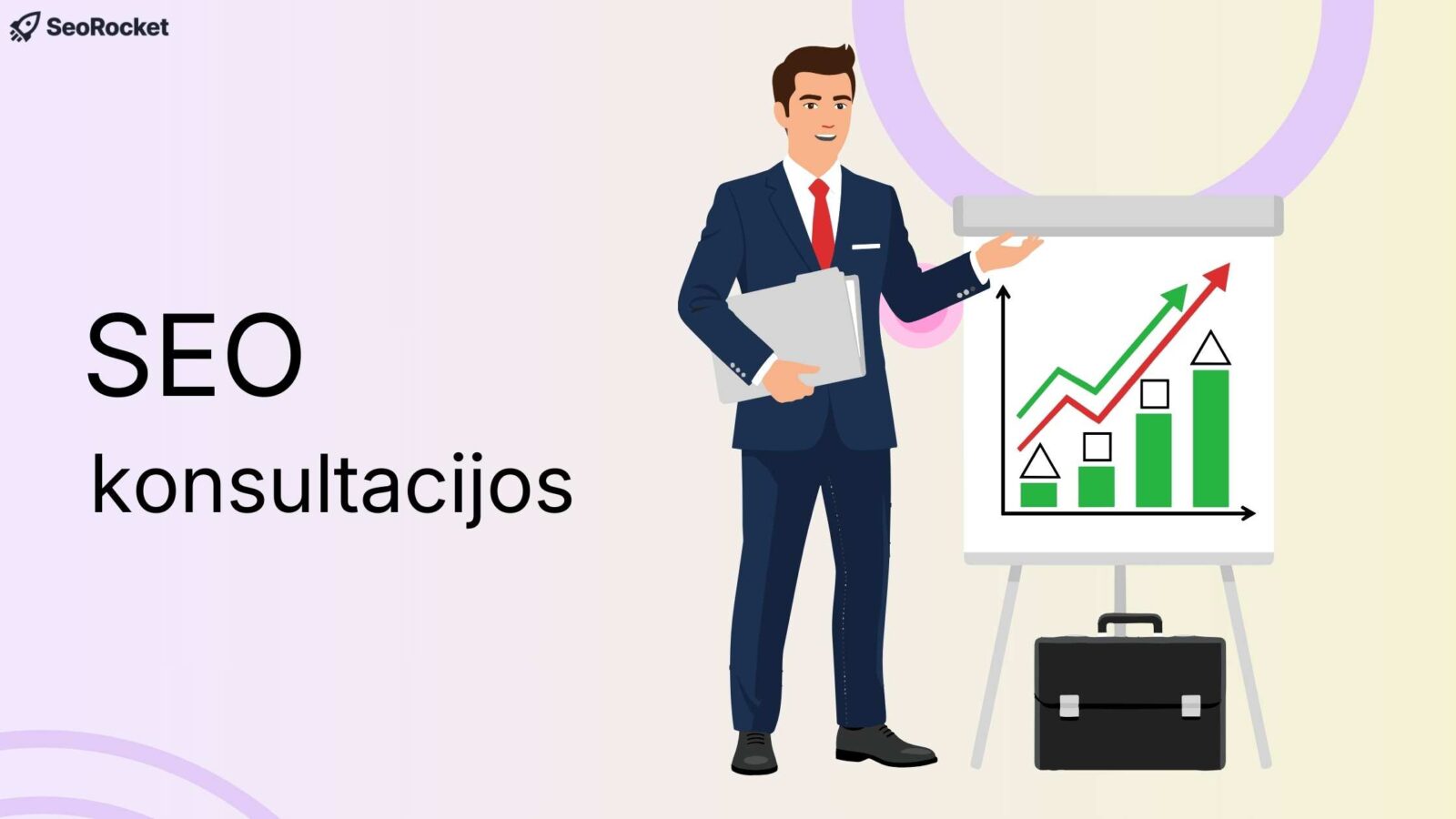 SEO konsultacijų iliustracija – verslo specialistas pristato augimo grafiką, vaizduojantį organinio srauto ir rezultatų didėjimą.