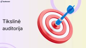 Iliustracija su tekstu Tikslinė auditorija ir raudonu taikiniu, į kurio centrą pataikiusi mėlyna strėlė. Vaizdas simbolizuoja tikslinės auditorijos nustatymą ir precizišką marketingo veiksmų nukreipimą į konkrečią vartotojų grupę.