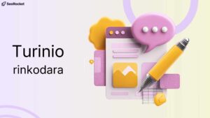 „Turinio rinkodara“ – iliustracija su stilizuotu tinklalapio maketu, pokalbio burbulu ir rašikliu, simbolizuojanti turinio kūrimą ir komunikaciją.