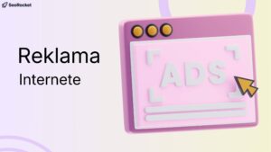 3D stiliaus iliustracija, vaizduojanti rožinį naršyklės langą su užrašu „ADS“ ir geltonos rodyklės žymekliu, nukreiptu į užrašą. Šalia pateiktas tekstas „Reklama Internete“.
