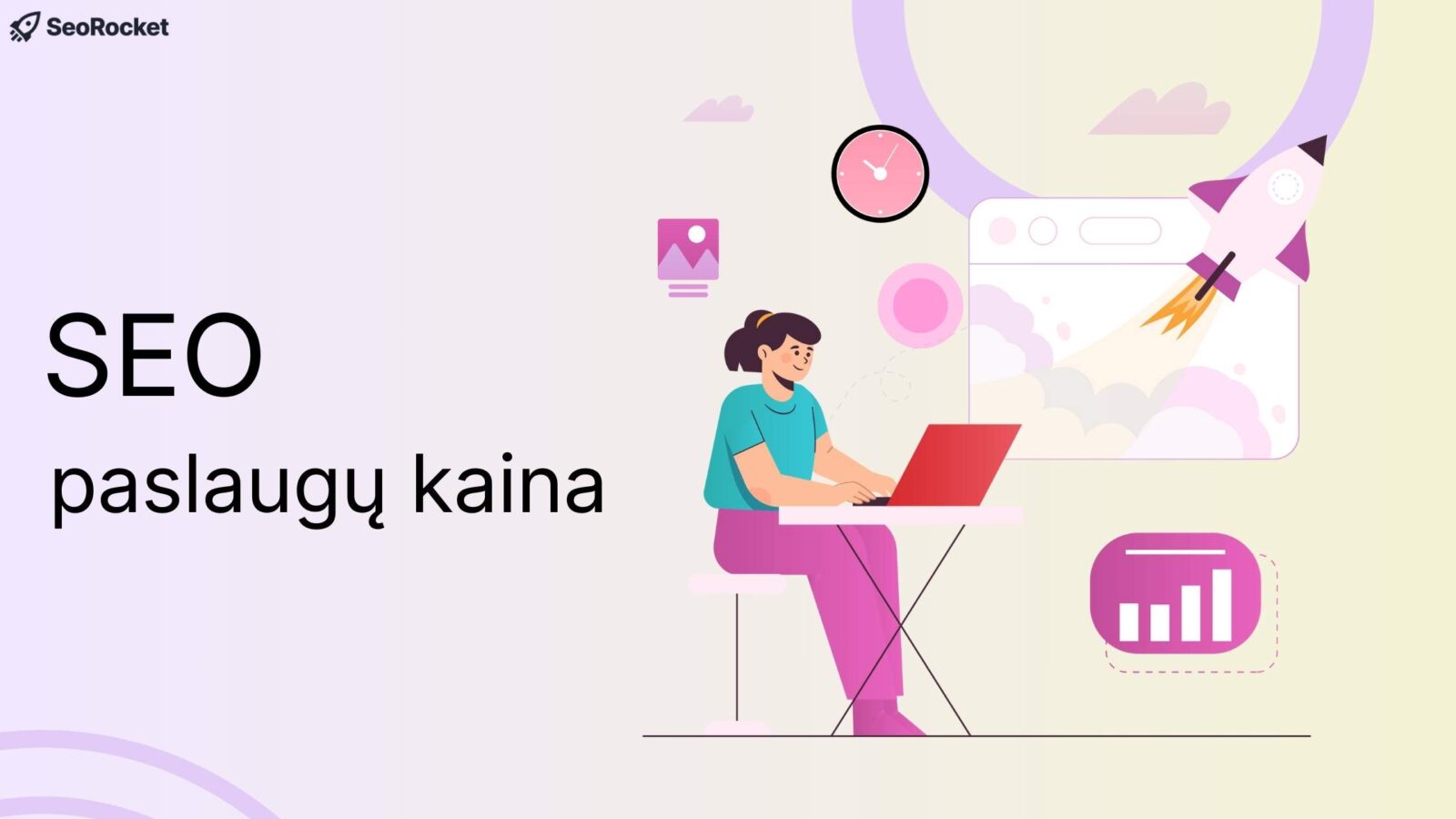 Kiek kainuoja SEO paslaugos – SeoRocket iliustracija apie paieškos sistemų optimizavimą, svetainių analizę ir SEO strategiją verslui