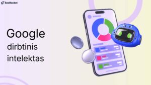 Grafinė iliustracija, vaizduojanti „Google“ dirbtinį intelektą: mobilioji sąsaja, analitikos grafikai ir AI personažas.