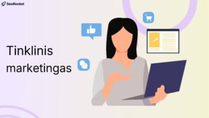 Iliustracija su tekstu Tinklinis marketingas ir moterimi, dirbančia su nešiojamuoju kompiuteriu, aplink kurią matomos socialinių tinklų ir el prekybos ikonėlės. Vaizdas simbolizuoja tinklinį marketingą, bendravimą su auditorija ir produktų ar paslaugų platinimą per asmeninius ryšius bei internetines platformas.