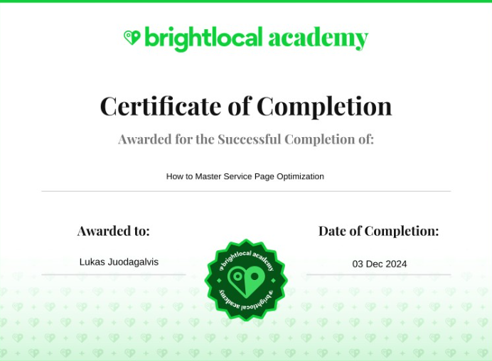 How to master Service page optimization - Brightlocal academy Sertifikatas