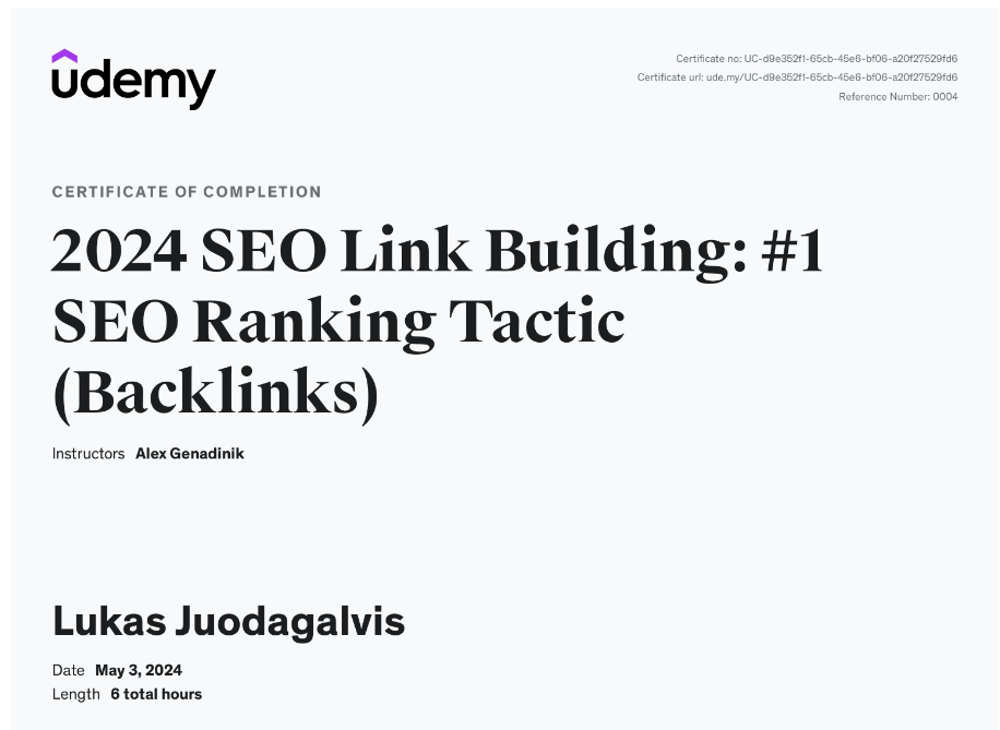 2024 SEO link building: 1 SEO ranking tactic (backlinks) - Udemy Sertifikatas