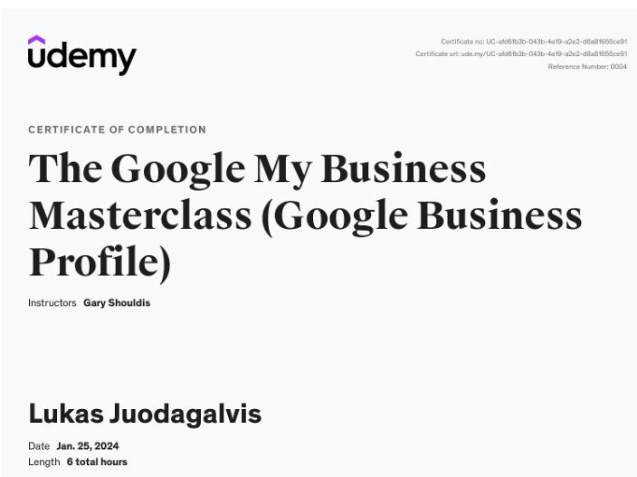 The google my business masterclass (Google Business Profile) - Udemy Sertifikatas