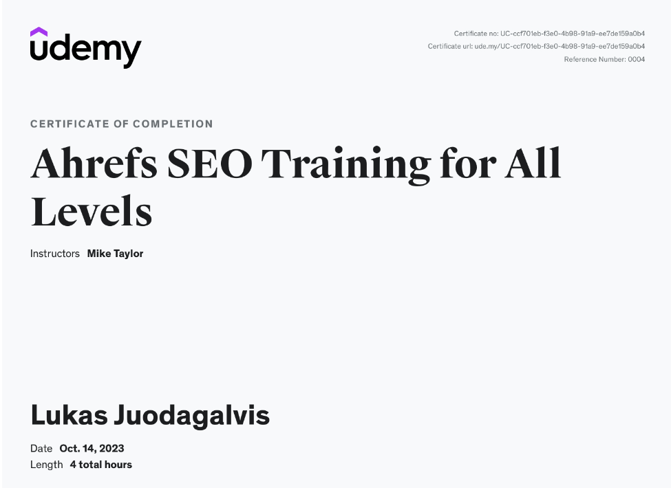 Ahrefs SEO training for All Levels - Udemy Sertifikatas