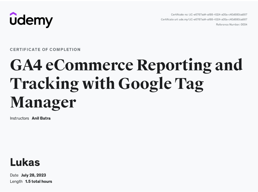 GA4 eCommerce Reporting and Tracking with Google Tag Manager - Udemy Sertifikatas
