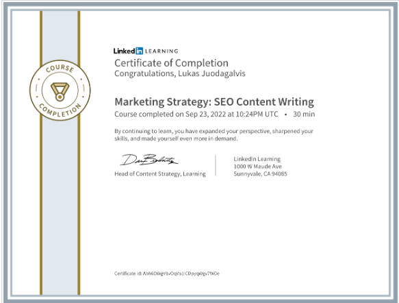 Marketing Strategy: SEO content Writing - Linkedin Sertifikatas