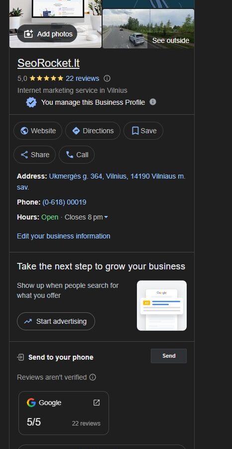 SeoRocket verslo profilis