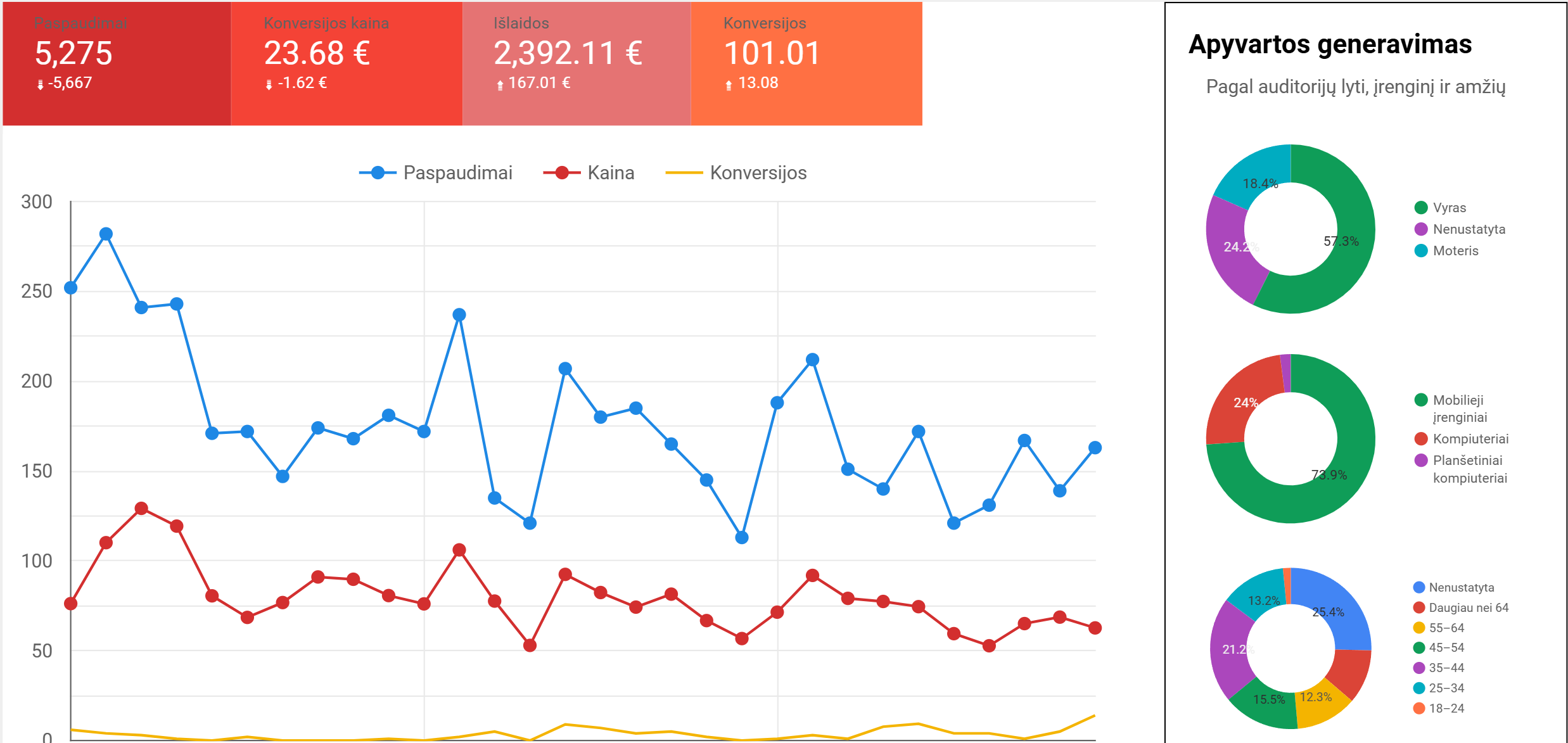 Reklamos kampanijos našumo ataskaita su paspaudimais, konversijomis, išlaidomis ir auditorijos segmentais