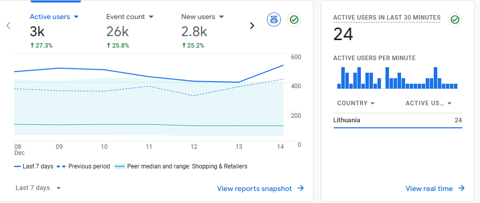 Google Analytics 4 ataskaita su aktyvių naudotojų, įvykių ir naujų naudotojų augimu