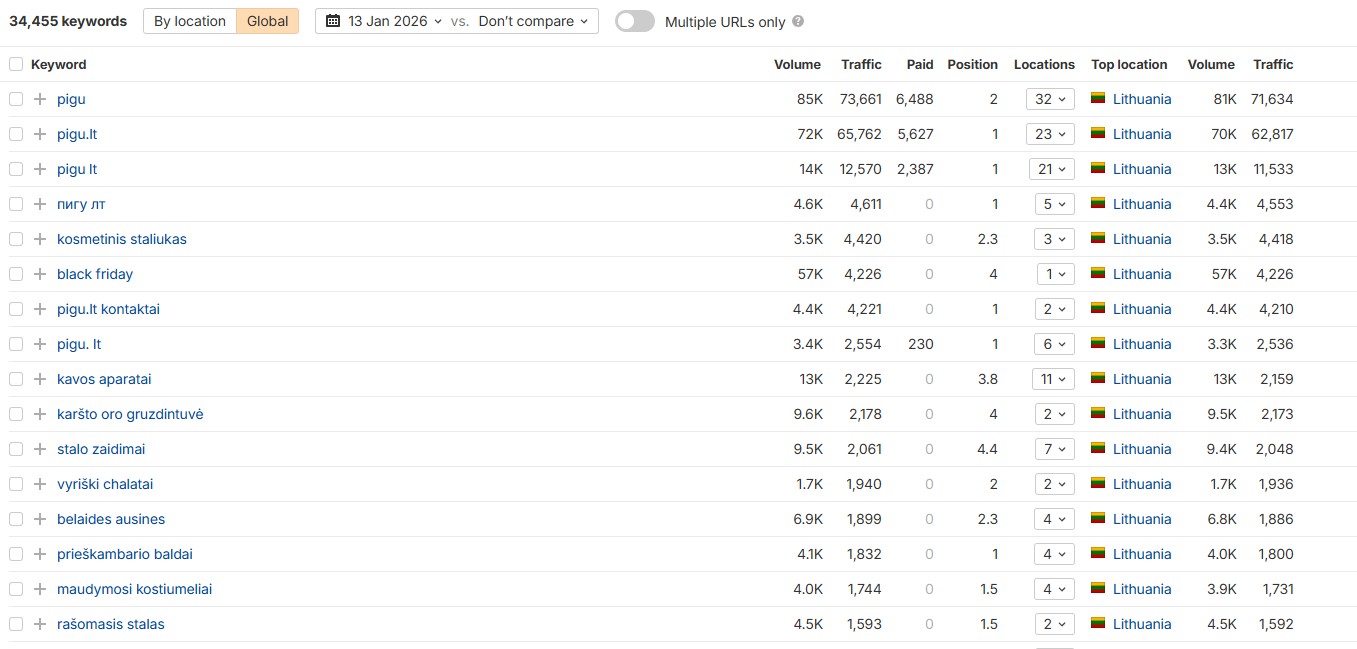 SEO įrankio ataskaita su raktinių žodžių pozicijomis Lietuvoje: paieškos apimtis, srautas, mokamas srautas ir top pozicijos pagal raktažodžius