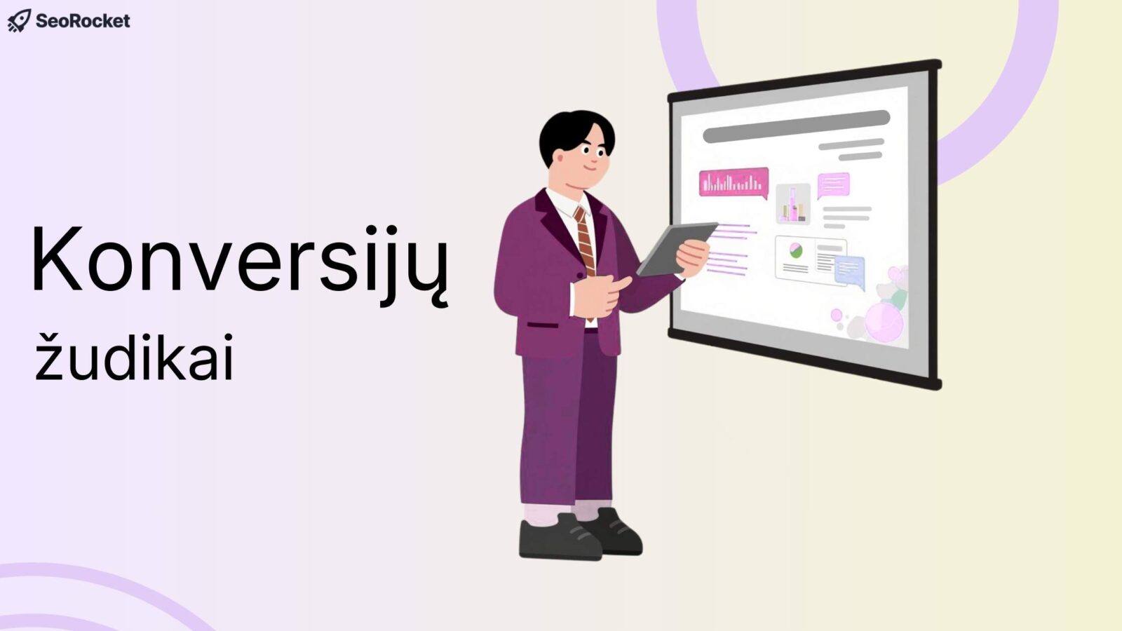 vyras su kostiumu stovi prie ekrano su grafikais ir skaito planšetę; šalia matomas užrašas „Konversijų žudikai“.