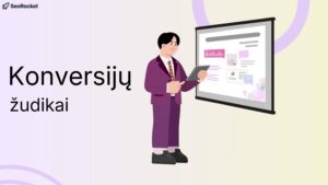 vyras su kostiumu stovi prie ekrano su grafikais ir skaito planšetę; šalia matomas užrašas „Konversijų žudikai“.