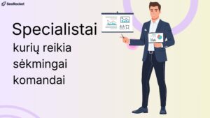 Iliustracija vaizduoja rinkodaros specialistą, pristatantį duomenų analizę ir grafikus. Tekstas paveikslėlyje – „Specialistai, kurių reikia sėkmingai komandai“. Vizualas skirtas straipsniui apie svarbiausius marketingo ir SEO specialistų vaidmenis versle