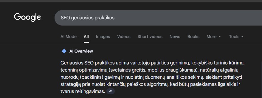 Google paieškos rezultatas su AI Overview, pateikiantis geriausių SEO praktikų apžvalgą lietuvių kalba