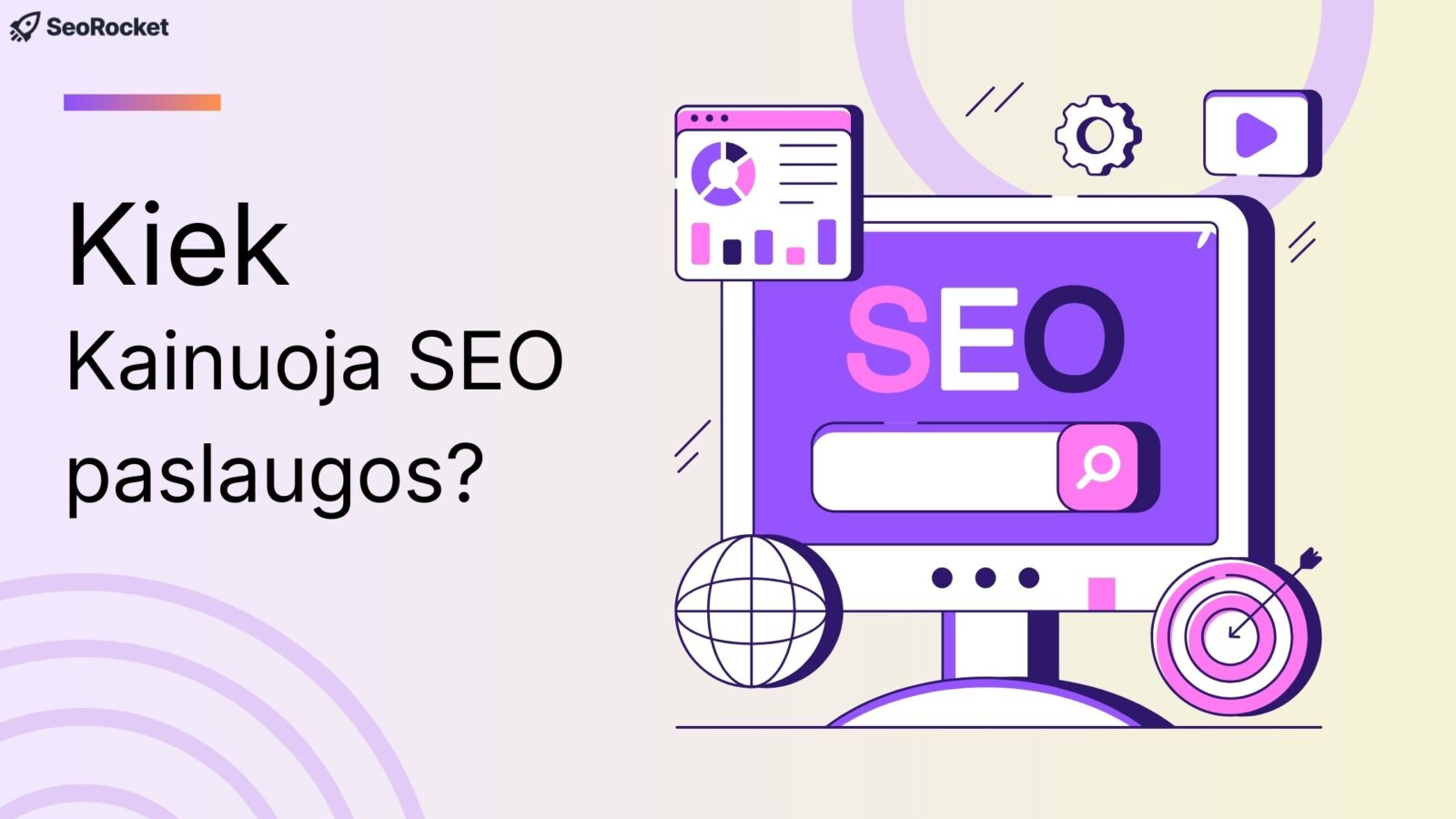 Kiek kainuoja SEO paslaugos – SeoRocket iliustracija apie paieškos sistemų optimizavimą, svetainių analizę ir SEO strategiją verslui