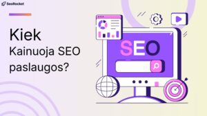Kiek kainuoja SEO paslaugos – SeoRocket iliustracija apie paieškos sistemų optimizavimą, svetainių analizę ir SEO strategiją verslui