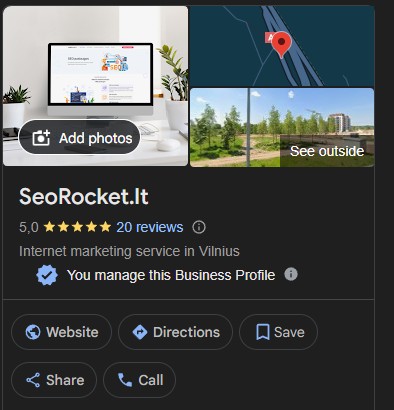 SeoRocket.lt Google verslo profilis su 5 žvaigždučių įvertinimu, 20 atsiliepimų ir interneto rinkodaros paslaugomis