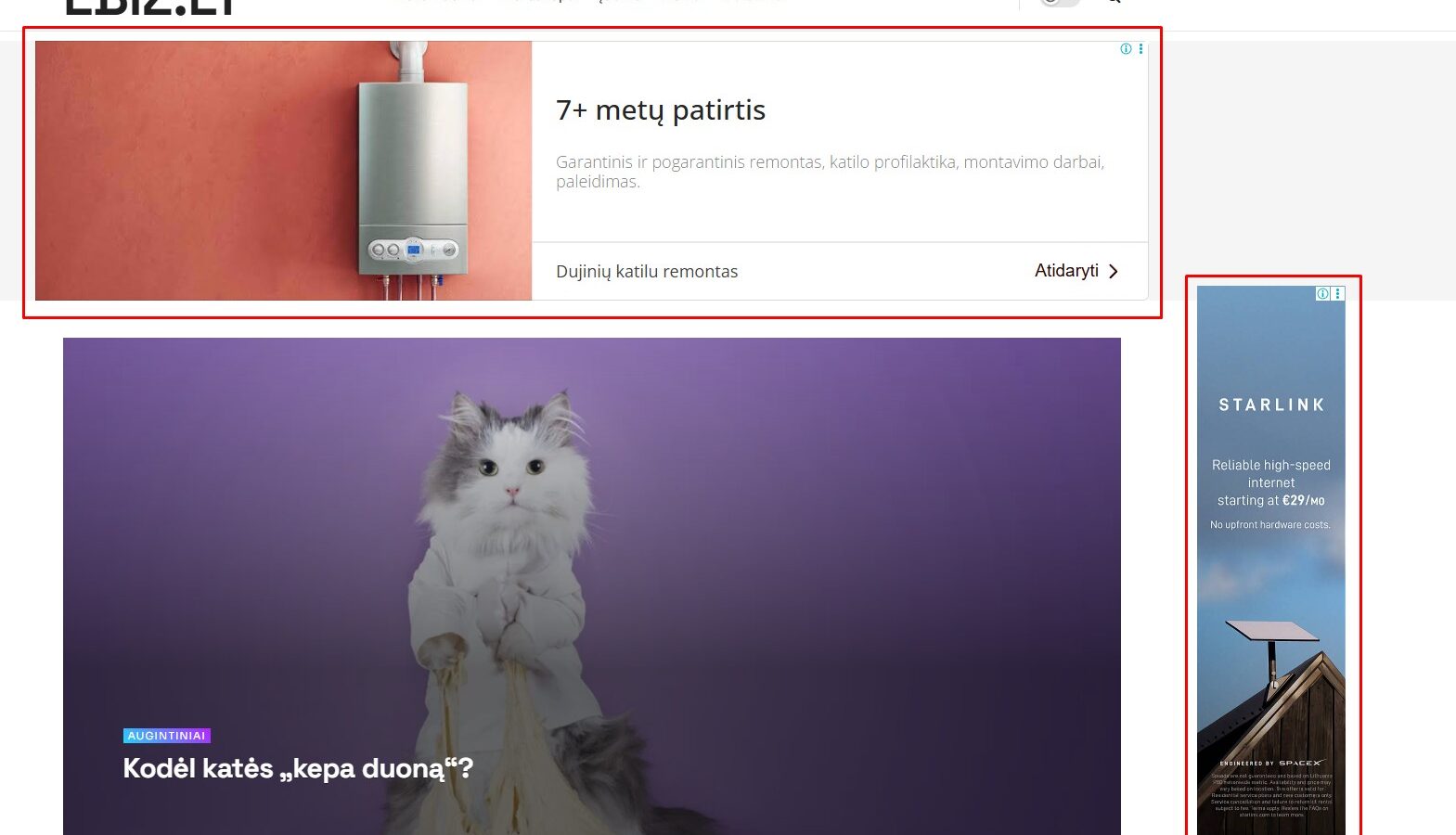 EBIZ.LT svetainės ekrano nuotrauka, kurioje raudonais rėmeliais pažymėti reklaminiai blokai: viršuje rodoma katilo remonto reklama, dešinėje – „Starlink“ reklama, o centre matomas straipsnio paveikslas su kate violetiniame fone.