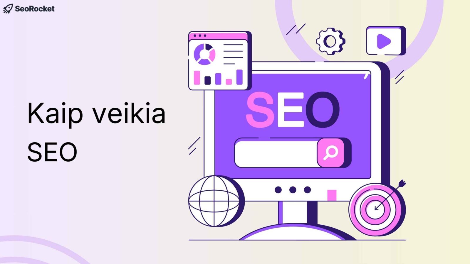 Iliustracija su kompiuterio ekranu, kuriame matoma SEO paieškos juosta, analitiniai grafikai ir įvairios skaitmeninės rinkodaros ikonėlės, vaizduojančios SEO veikimo principą.