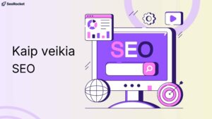 Iliustracija su kompiuterio ekranu, kuriame matoma SEO paieškos juosta, analitiniai grafikai ir įvairios skaitmeninės rinkodaros ikonėlės, vaizduojančios SEO veikimo principą.