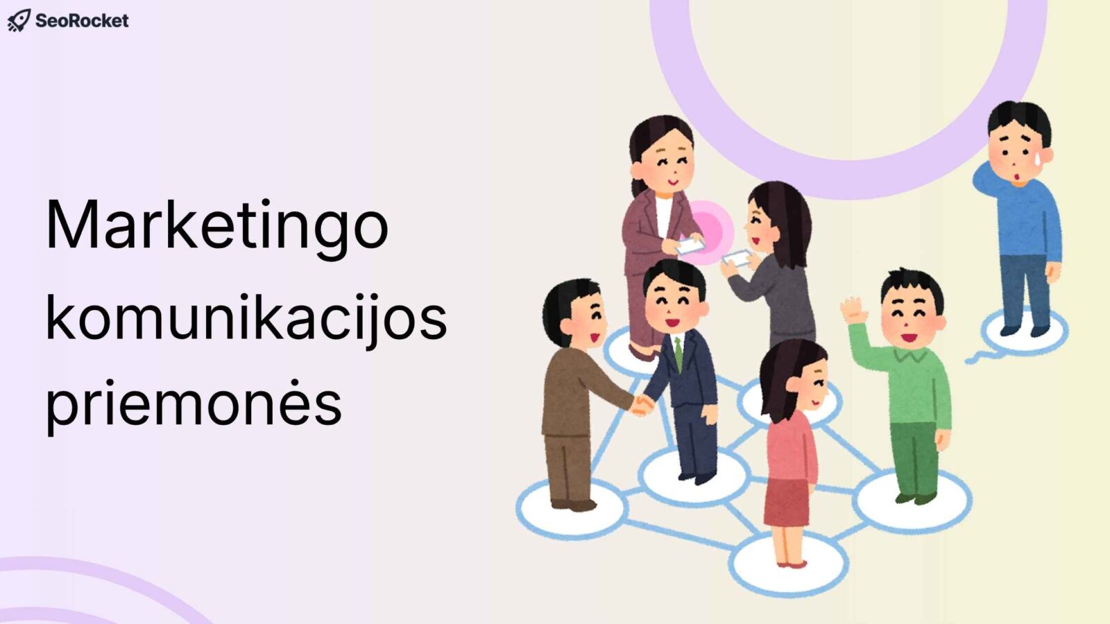 Paveikslėlis su užrašu „Marketingo komunikacijos priemonės“ kairėje ir iliustracija dešinėje, kur keli žmonės pavaizduoti kaip tarpusavyje sujungto tinklo dalyviai.