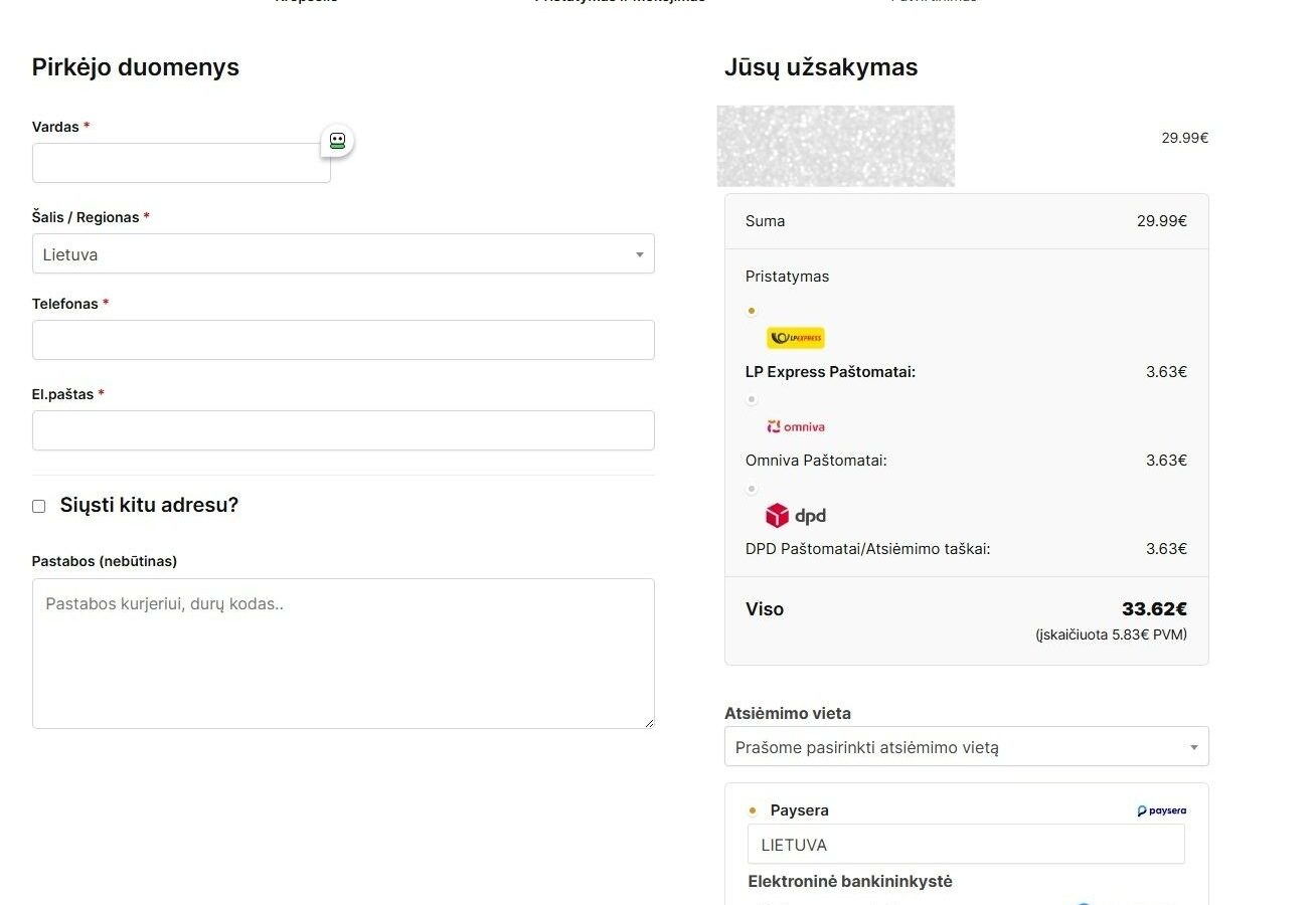 Atsiskaitymo puslapis el. parduotuvėje: kairėje rodoma pirkėjo duomenų forma, dešinėje – užsakymo suvestinė su pristatymo būdais, bendra suma 33,62 € ir mokėjimo pasirinkimais.