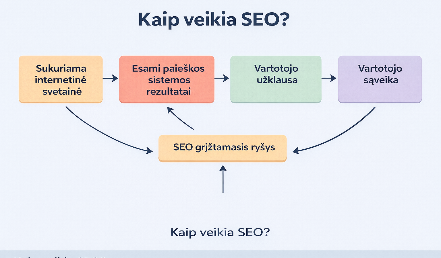 Infografikas, aiškinantis kaip veikia SEO: nuo internetinės svetainės sukūrimo, paieškos rezultatų ir vartotojo užklausos iki vartotojo sąveikos, su grįžtamojo ryšio ciklu.