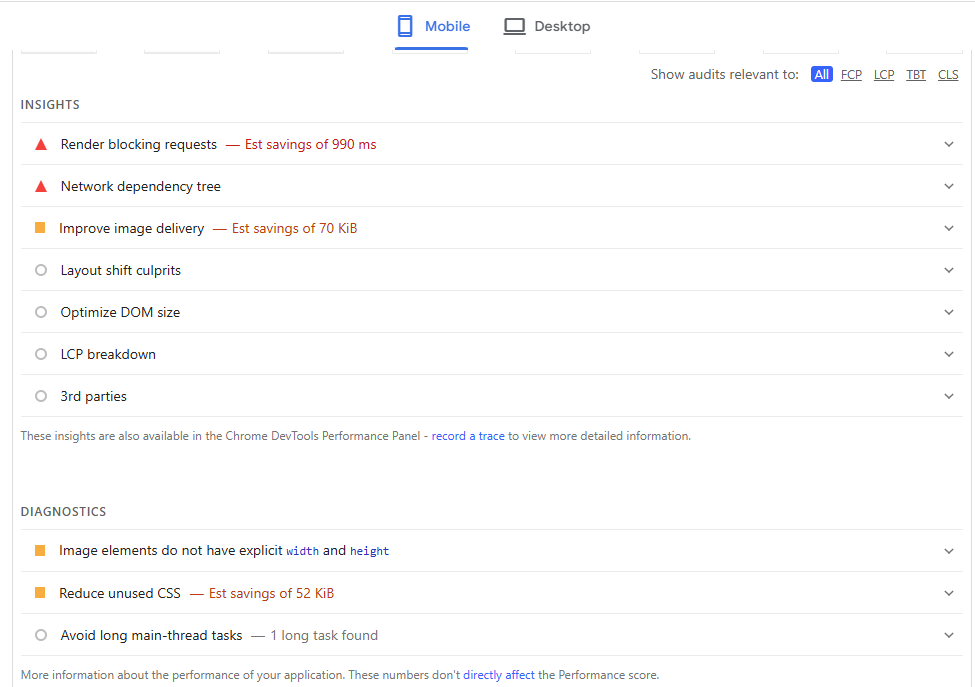 Našumo problemos, nustatytos Page Speed Insights