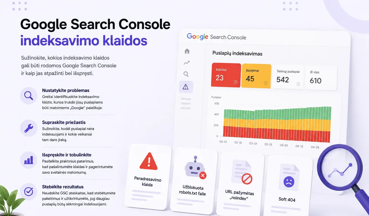 Google Search Console indeksavimo būsenos ir klaidų patikros