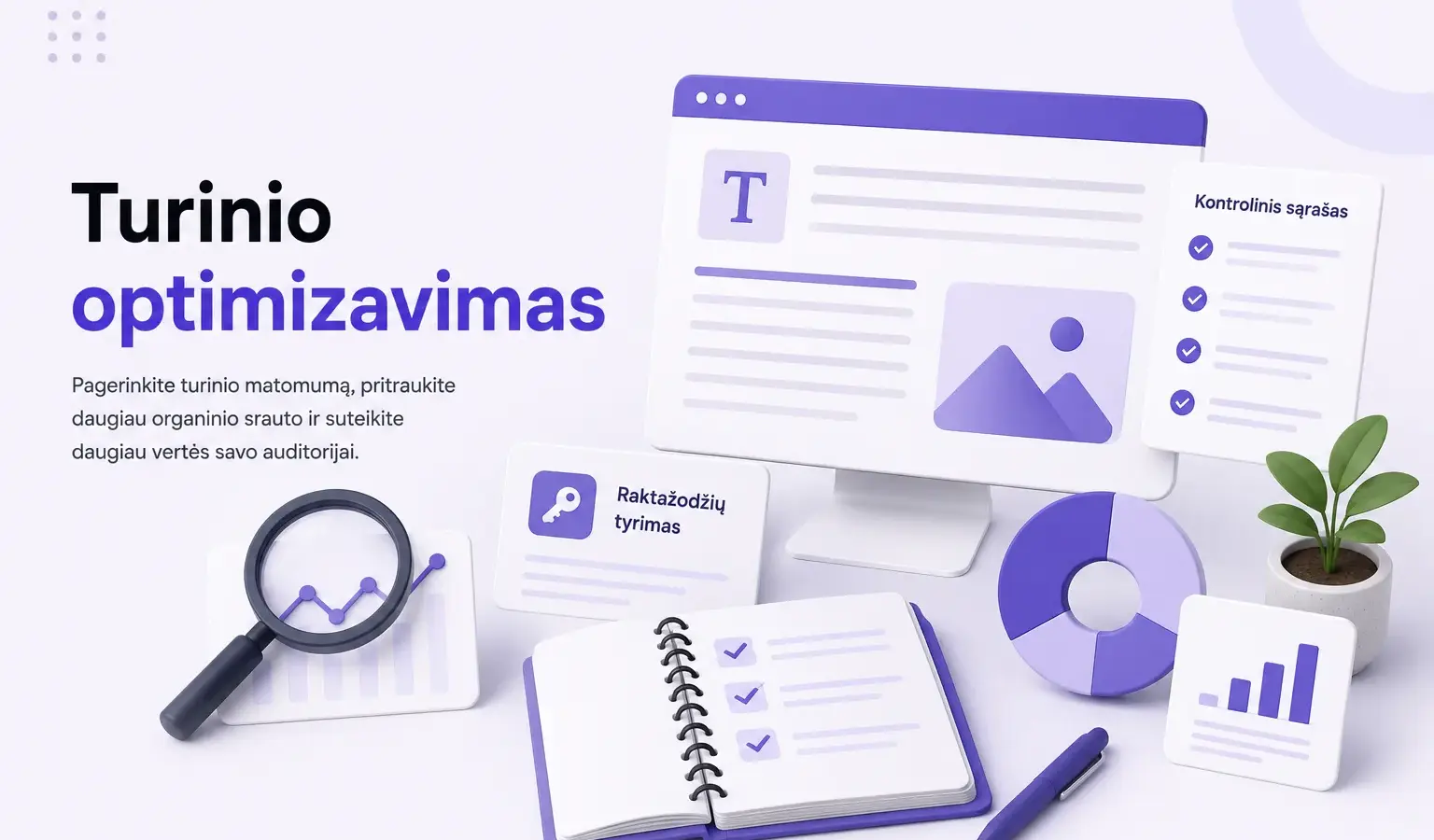 Turinio optimizavimo schema su teksto, vaizdų ir analizės blokais