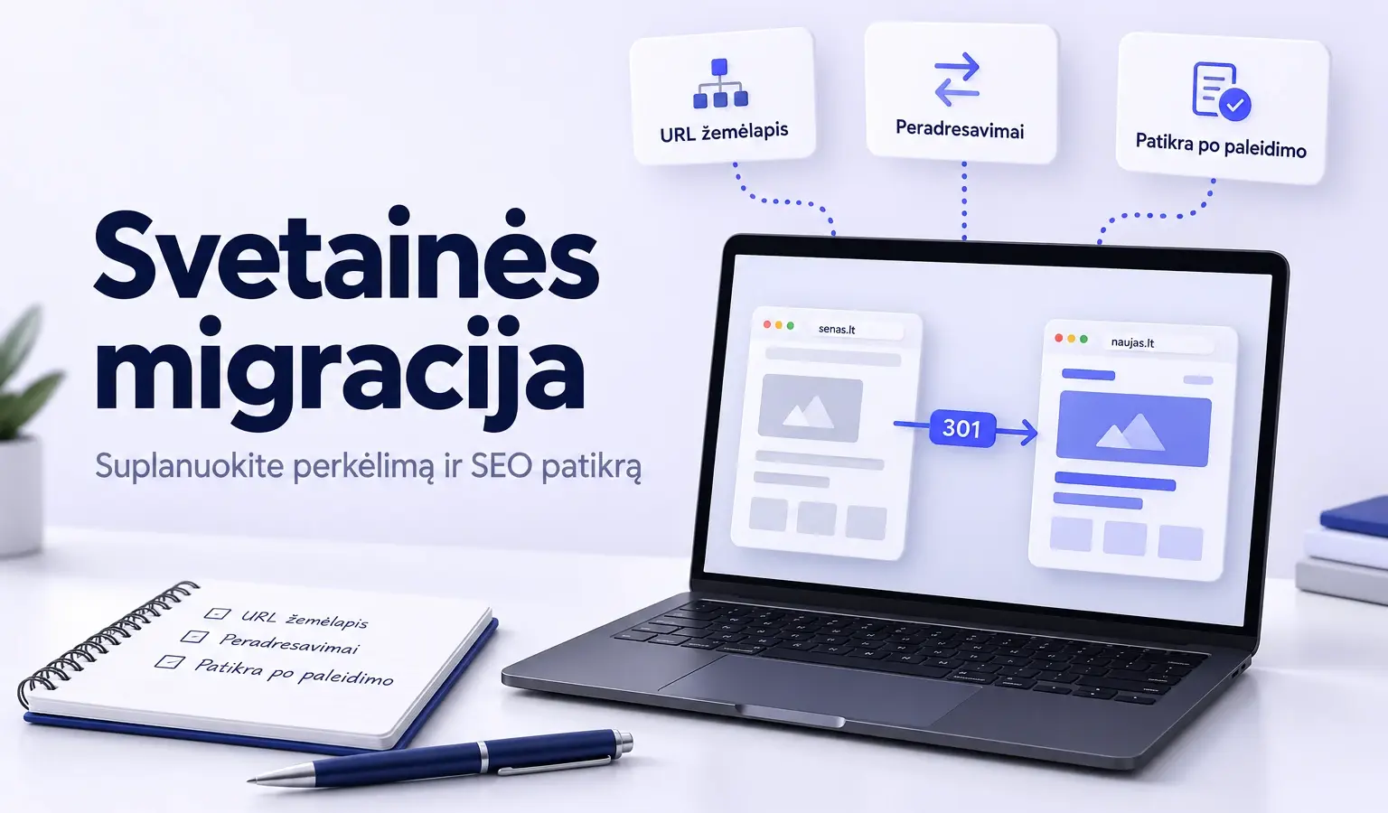 Svetainės migracijos planas su URL žemėlapiu, 301 peradresavimais ir patikra po paleidimo