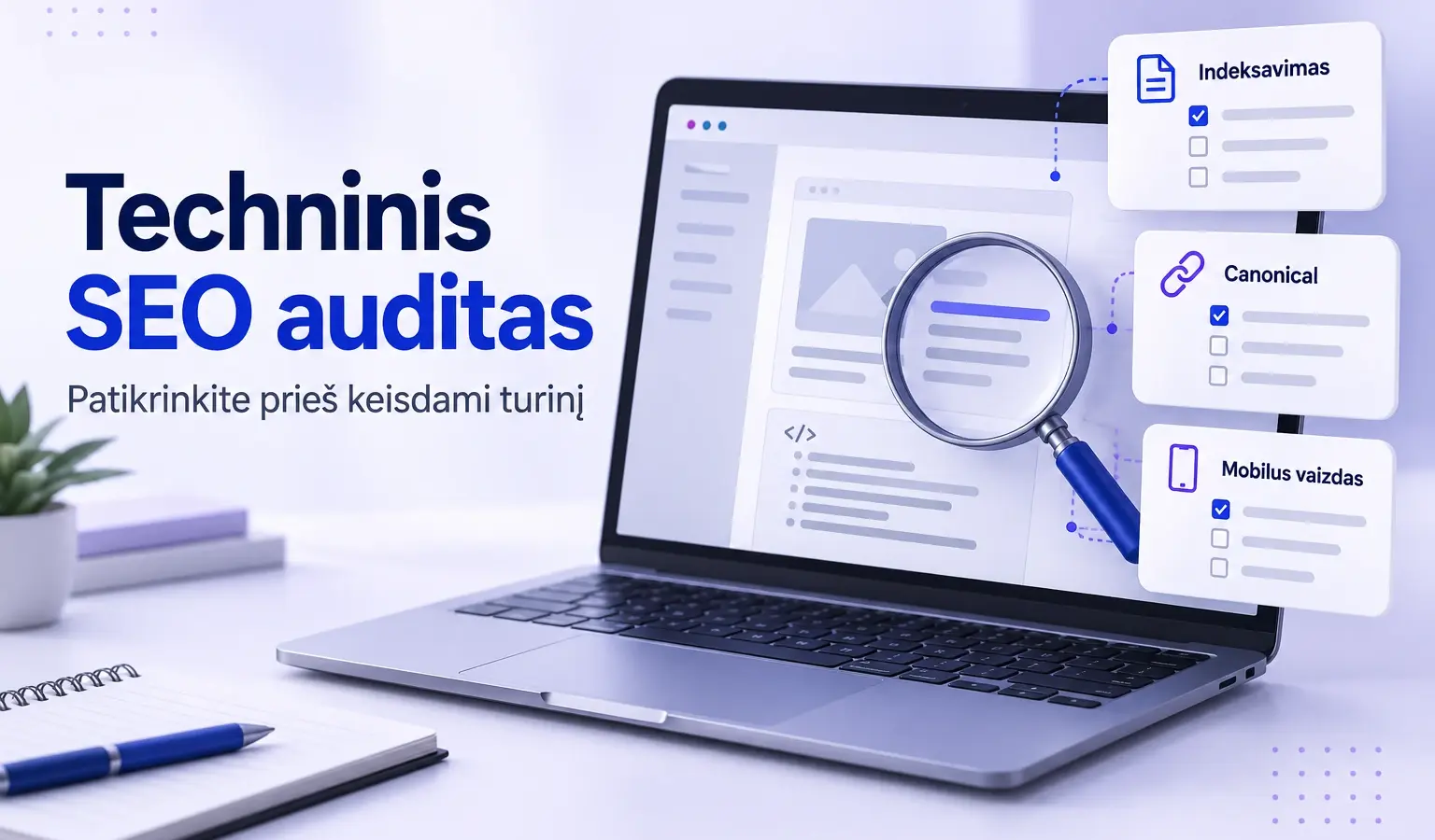 Techninio SEO audito iliustracija su indeksavimo, canonical ir mobiliojo vaizdo patikra